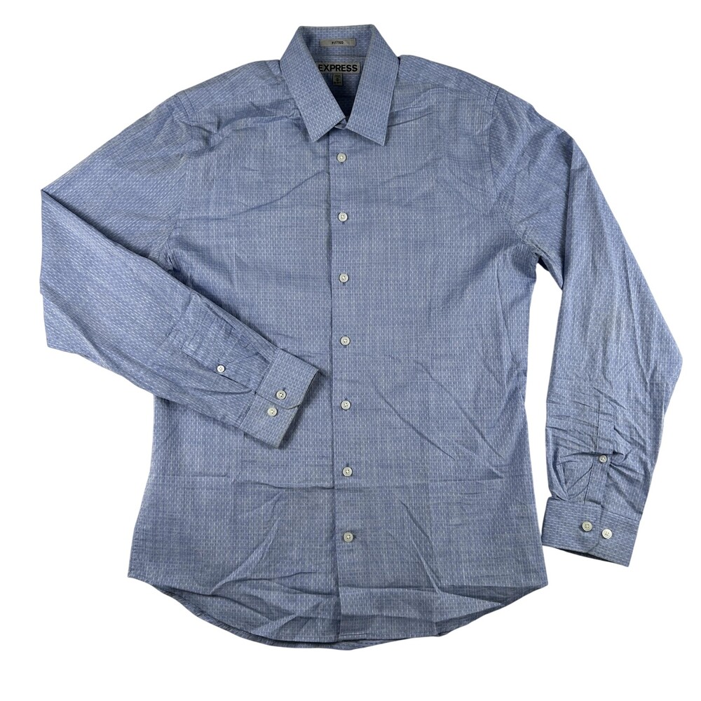Express Dress Shirt Mens 15.5 32/33 Medium Blue Dot Slim Fit Long Sleeve